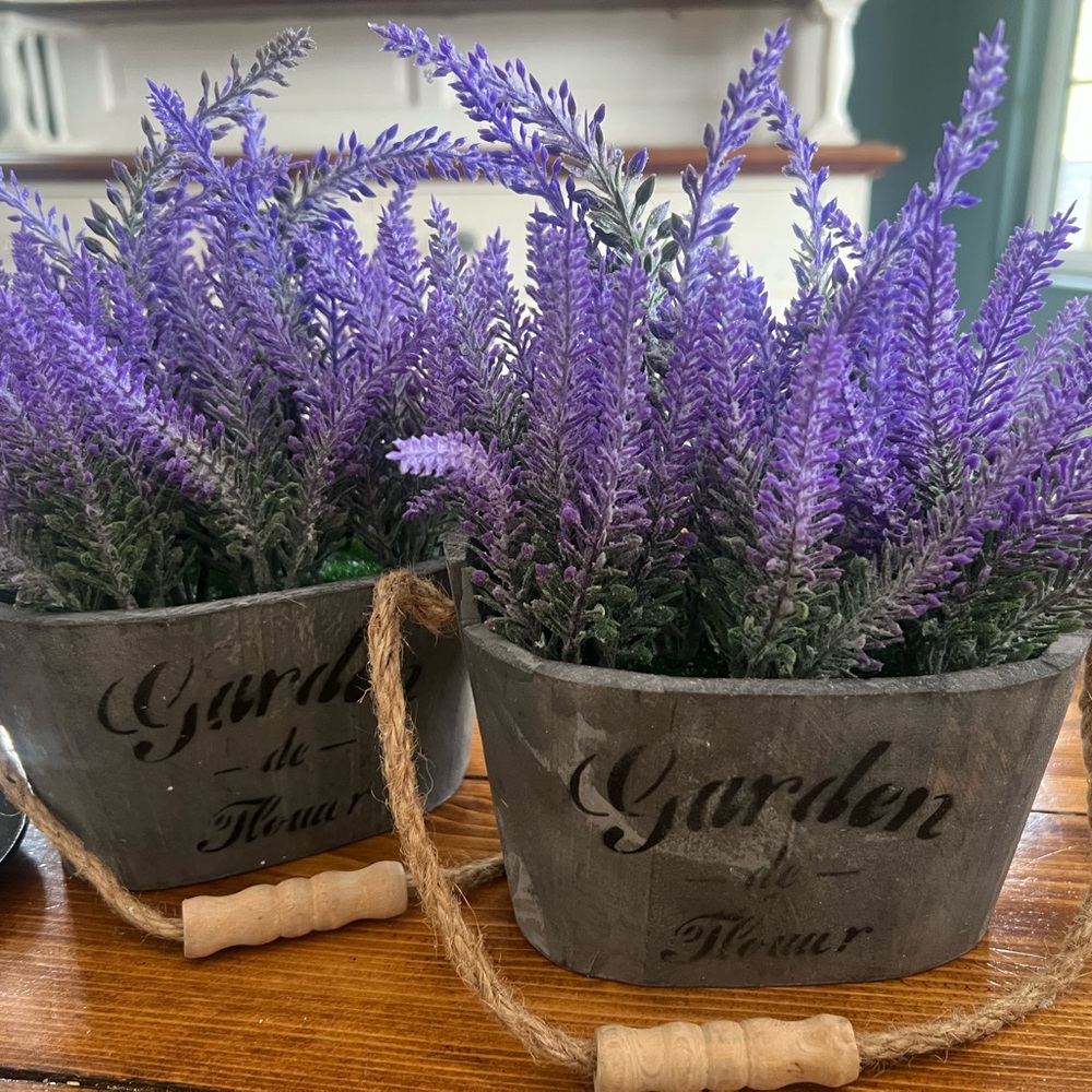 Artificial Lavender Plants in Wooden in Grey Planter Pots (Set of Two)